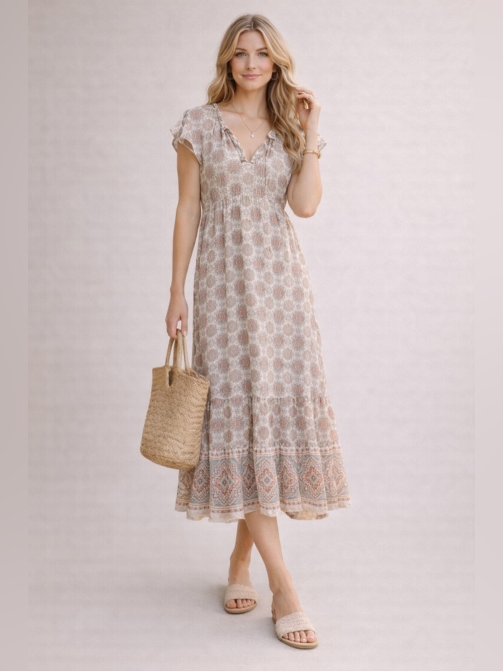 Blu Pepper Boho Midi Dress Paisley Medallion Cottagecore Spring M